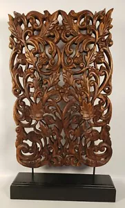 Teak? Wood Asian Art Piece Carved Display Flower Engraved Stand Tabletop A56 - Bild 1 von 10