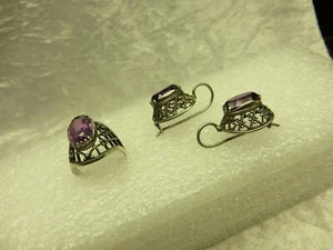 Set aus Ohrringen und Fingerring, Silber mit Amethysten, 875°. 1970.(O287) - Bild 1 von 7