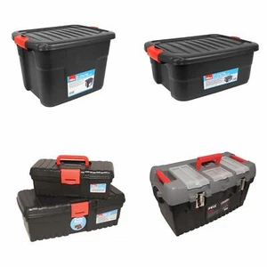 Black Plastic Storage Box Boxes With Lids Home Office Container Stackable - Picture 1 of 33