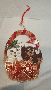 Vintage Plastic Stained Window Sun Catcher Christmas Cat Dog in basket - Picture 1 of 4