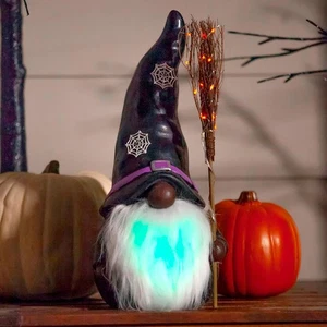 16"H LED Resin statuary, Black Witch Gnome with BlackHhat - Picture 1 of 4