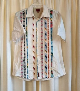 Vtg Hilfiger Red Label Men's Size L White Hawaiian Bandana Striped Shirt - Picture 1 of 9