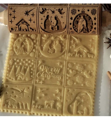 Brand New Nativity Pattern Xmas Christmas Wooden Embossing Rolling Pin - Image 1 of 4