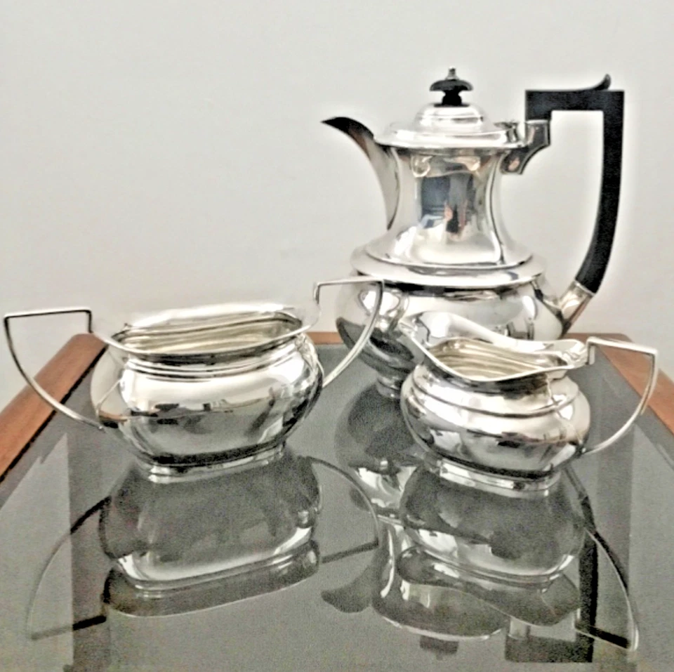 IMPRESIONANTE 🎁 1930 JOSEPH RODGERS & SONS ESPEJO BRILLO JUEGO DE CAFÉ TÉ PLATEADO Foto 1 de 4