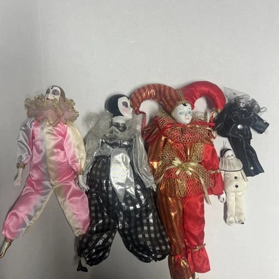 VINTAGE LOT of Harlequin Mardi Gras Jester Clown Porcelain 5 Dolls - Image 1 of 4