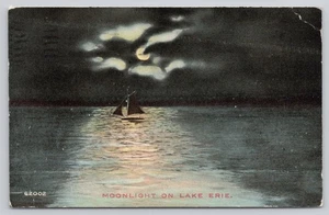 Tarjeta postal vintage Moonlight on Lake Erie Velero 1912 - Imagen 1 de 2