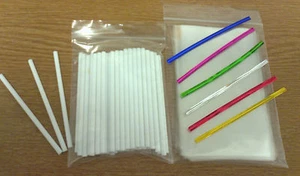 50 x 114mm PLASTIC  LOLLIPOP STICK KIT CAKE POP 3" X 5" CELLO BAGS TWIST TIES - Picture 1 of 8