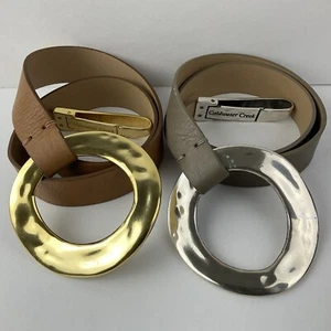 Coldwater Creek 2 Leather Belt Set Tan Gold & Gray Silver-Tone Hammered Buckle M - Picture 1 of 17