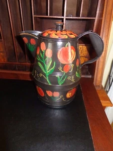 Antique Tin Coffee Pot Freehand Country Painted (11" x 11") - Picture 1 of 5