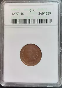 ✰✰ 1877 INDIAN HEAD CENT 1c Penny OLD ANACS MINI SLAB G4 Good 4 The KEY Date ✰✰ - Picture 1 of 4
