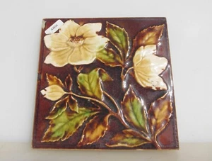 Antique Ceramic Tile Old Floral Flowers Leaf Art Nouveau Victorian - Picture 1 of 17