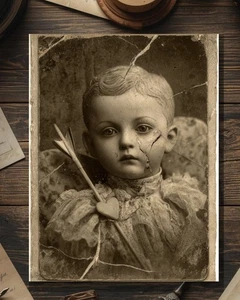 Vintage Victorian Cracked Porcelain Cupid Doll Valentine Card Gothic Macabre - Bild 1 von 4