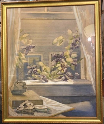 V. Ivanoff listed Artist Watercolor Floral Still Life Window Cape Cod Framed - Image 1 of 4