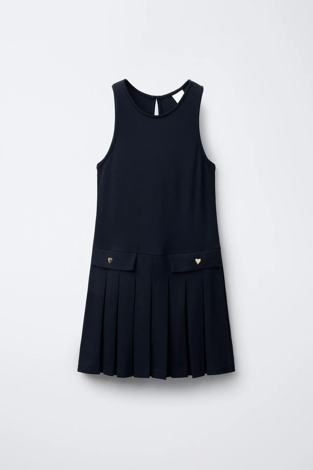 Vestido Zara feminino 11-12 Pinafore azul marinho sem mangas corações plissados 9007/726 - Imagem 1 de 4