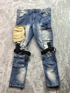 Smoke Rise Men Sz 36x32 Stacked Multi Pocket Blue Jeans Street Distressed Rare - Picture 1 of 22