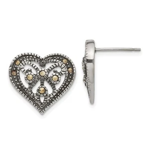 Stainless Steel Antiqued Polished & Textured Marcasite Heart Post Earrings - Picture 1 of 5