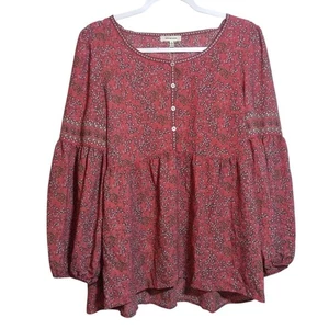 Max Studio Pink Floral Boho Peasant Peplum Long Sleeve Blouse Size L - Picture 1 of 7