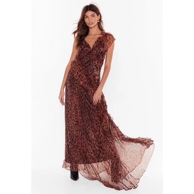 Новый противный Gal черная магия леопард шифоновое оборки макси платье длиной 4 коричневый официальный - Изображение 1 из 4