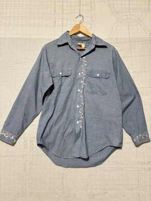 Vintage 1970s Big Mac Chambray Shirt Embroidered Flowers JC Penney Hippie L / XL - Image 1 of 4