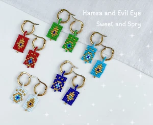 Pendientes de aro de oro de 18 quilates, Hamsa y mal de ojo, cuentas Miyuki, hipoalergénicos 🧿 - Imagen 1 de 7