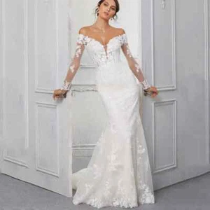 Elegant Mermaid Wedding Dresses Off Shoulder Bride Gowns V Neck Long Sleeve Lace - Picture 1 of 14