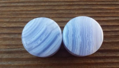 RARO! PAR DE REALES! TAPONES PLANOS DE ÁGATA DE ENCAJE AZUL MEDIDORES JOYERÍA CORPORAL DOBLE ACAMPANADO Foto 1 de 4