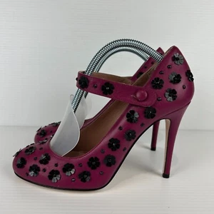 Valentino Red V Mary Jane Heels Women's Size 38 Fuschia Leather Black Flowers - Picture 1 of 11