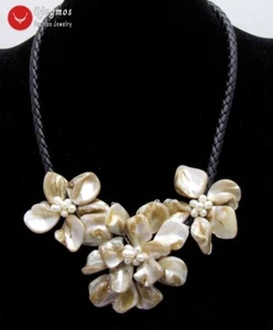 Baroque White Shell Flower Pearl Pendant Necklace for Women Black Rope 18'' - Picture 1 of 17