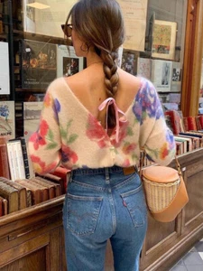 Sezane Women's Watercolor Printed V-neck Knit Cardigan Sweater - Picture 1 of 16
