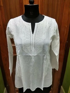 2XS XS M L 2XL 3XL ETHNIC 100% COTTON HANDMADE CHIKAN EMBROIDERY KURTA KURTI - Picture 1 of 5