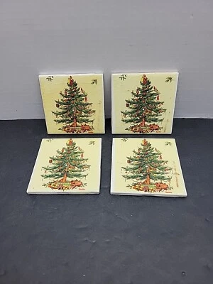 4 Spode Christmas Tree Coasters Set  Cork Back Square Custom Made. Vintage  - Image 1 of 3