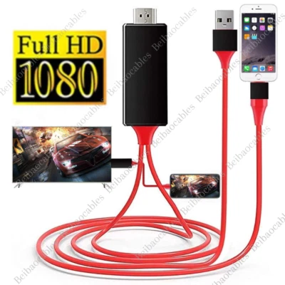 HDMI 镜像 AV 电缆 手机 转电视 高清电视 适配器 1080P 适用于 iPhone 14 13 12 XR 8 — 第 1/4 张图片