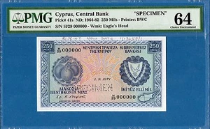 Cyprus 250 Mils, 000000 Specimen, 1971, UNC-PMG64, P41s - Picture 1 of 2