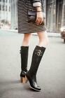 Womens Block Chunky Heel Riding Boots Zip Up Buckle Knee High Boots Shoes