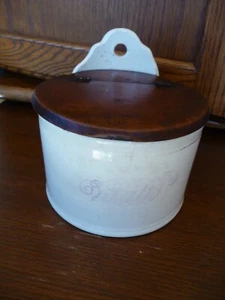PRIMITIVE WOOD LIDDED STONEWARE SALT BOX - Picture 1 of 7