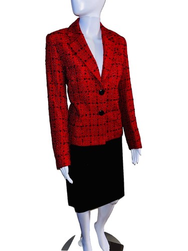 CHANEL Set completo blazer tweed rosso nero e beige Barrie Pace taglia 8 e gonna nera Tahari