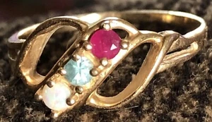 14K Gold 3 Gemstone Mother’s Ring Opal Blue Gem Ruby, 1.74 Grams, Size 5.6, - Picture 1 of 6