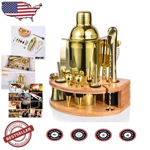12-teiliges Cocktail Shaker Set mit Bambus Ständer & Rezeptheft in Gold - Bild 1 von 9
