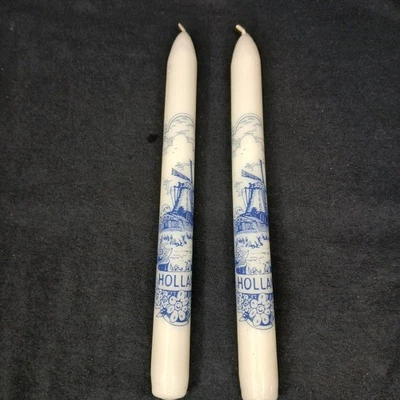 Holland Windmill Chinoiserie Tapered Candles 10 Inch Blue & White Unlite Decor - Image 1 of 4