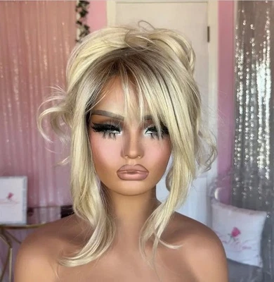 Peluca frontal de encaje Ombre Rubia Balayage 13x4 con flequillo 100 % peluca de cabello humano Foto 1 de 4