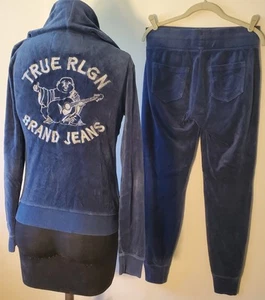 True Religion Track Suit Womens XS Blue Full Zip Jacket Sweatpants Velour Cozy - Picture 1 of 19