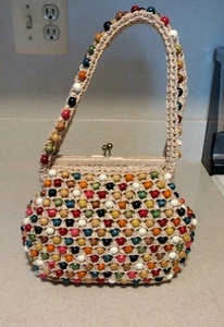 Vintage Woven Raffia Snap Handbag Multicolor Wood Beads Japan Midcentury - Picture 1 of 7