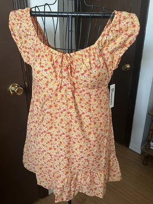 No Boundaries Junior SunDress Sz L 12-14 Orange Floral NWT Puff Sleeve - Image 1 of 4