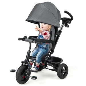 6-in-1 Baby Tricycle Toddler Trike w/Adjustable Canopy 5-Point Safety Harness - Picture 1 of 10