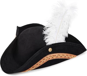 Juvale Adult Tricorn Pirate Hat with Feather for Halloween Outfit - Black Pirate - Picture 1 of 9