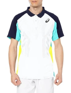 ASICS Mens Large Match Tennis ACTIBREEZE™ Jacquard Polo Shirt in White Blue Neon - Imagen 1 de 7