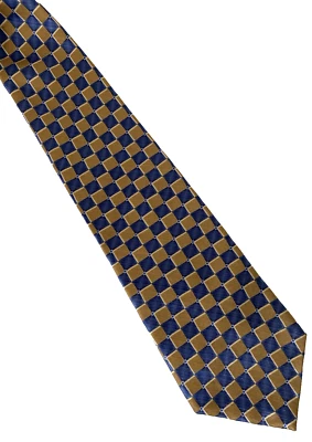 Geoffrey Beene Gold and Navy Check Wide Neck Tie Necktie Silk USA - Image 1 of 4