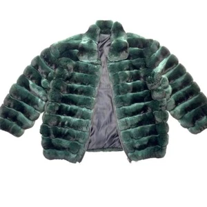 Men Real Green Rex Rabbit Fur Coat Nature Chinchilla Bomber Jacket Thick Outcoat - Picture 1 of 4