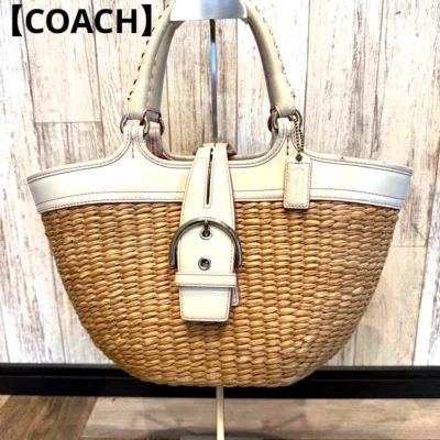 Bolso Coach Basket Bolso de Mano Cuero Paja Blanco Magnético Auténtico de Japón Foto 1 de 4