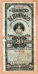 1886 CHILE 20 Pesos S415a Banco de Santiago Billete VEINTE ** RARE ** - Picture 1 of 4